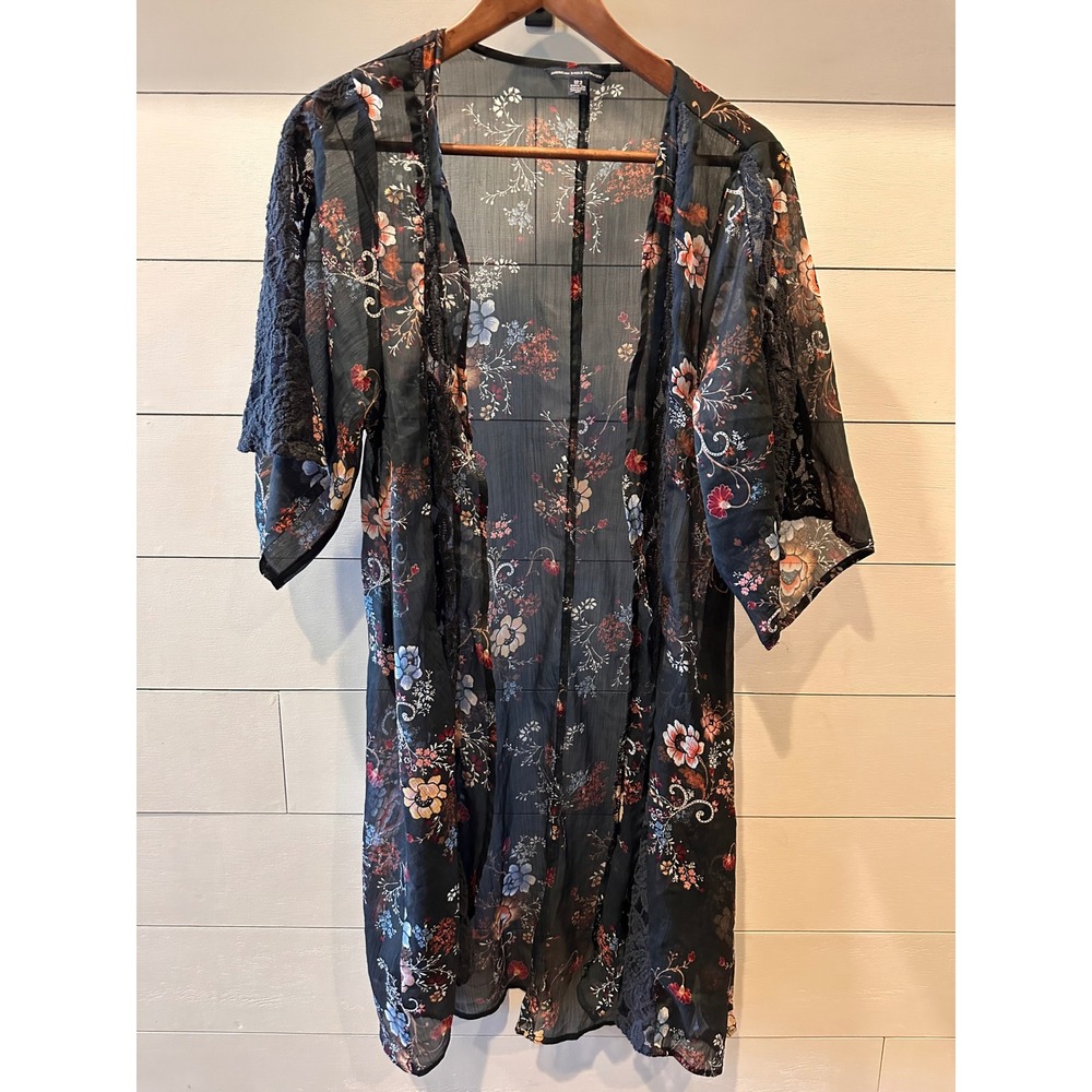 American Eagle Floral Lace Trim Kimono Black Sheer Boho Open Front XS S